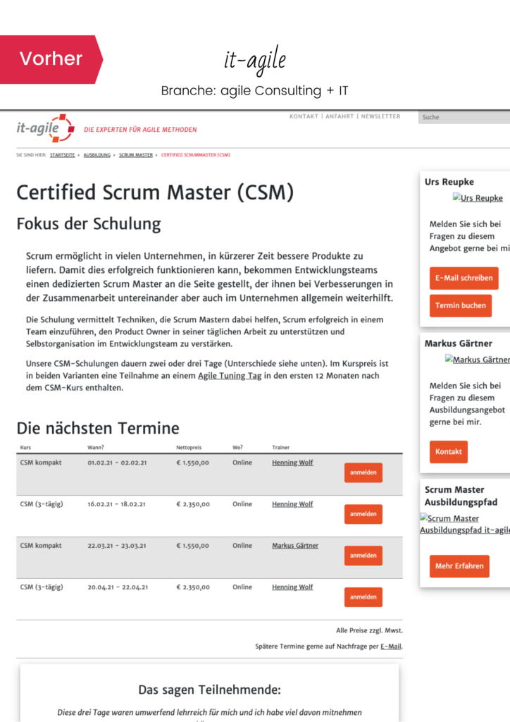 Ansicht der alten Seite für Certified Scrum Muster Schulung von it-agile GmbH