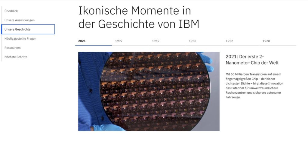 Screenshot von der IBM-Deutschlandseite, auf der die Zeitleiste der Über-uns-Seite zu sehen ist.