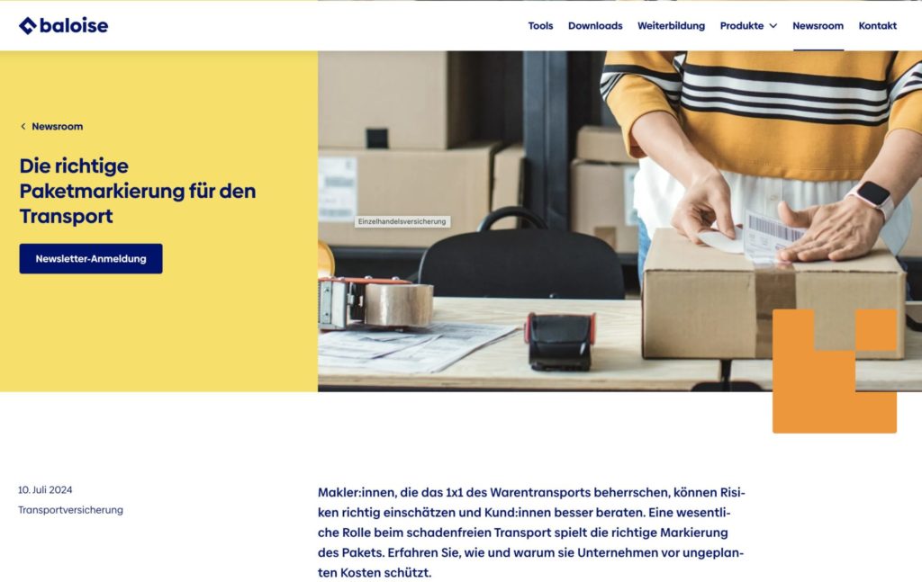 Screenshot des Artikels Paketmarkierung im Baloise B2B-Blog