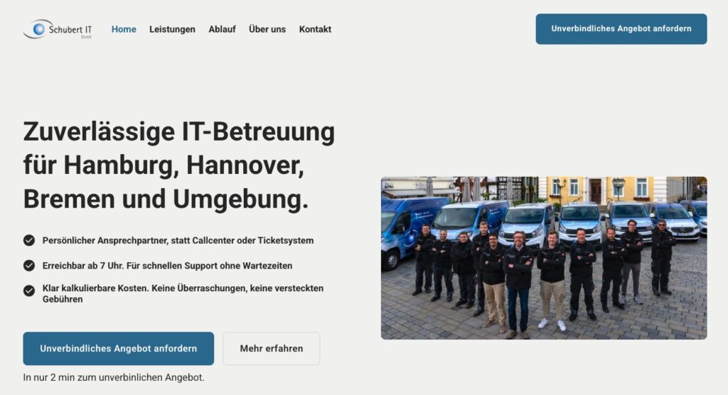 Headerbereich der Website von Schubert IT als Beispiel für gelungenes Conversion-Copywriting auf Websites von B2B-Unternehmen