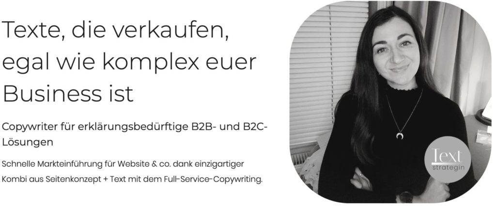 Screenshot vom Headerbereich der Website von Textstrategin Suzana Jordanovic (Stand: Juni 2025) als Beispiel für eine Headline, die Nutzen transportiert und einen Pain sowie einen Benefit herausstellt.