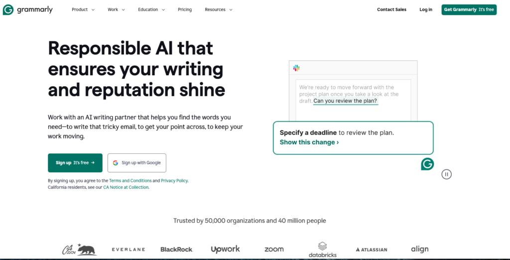 Header-Bereich der Website von grammerly als Beispiel für gutes Conversion-Copywriting