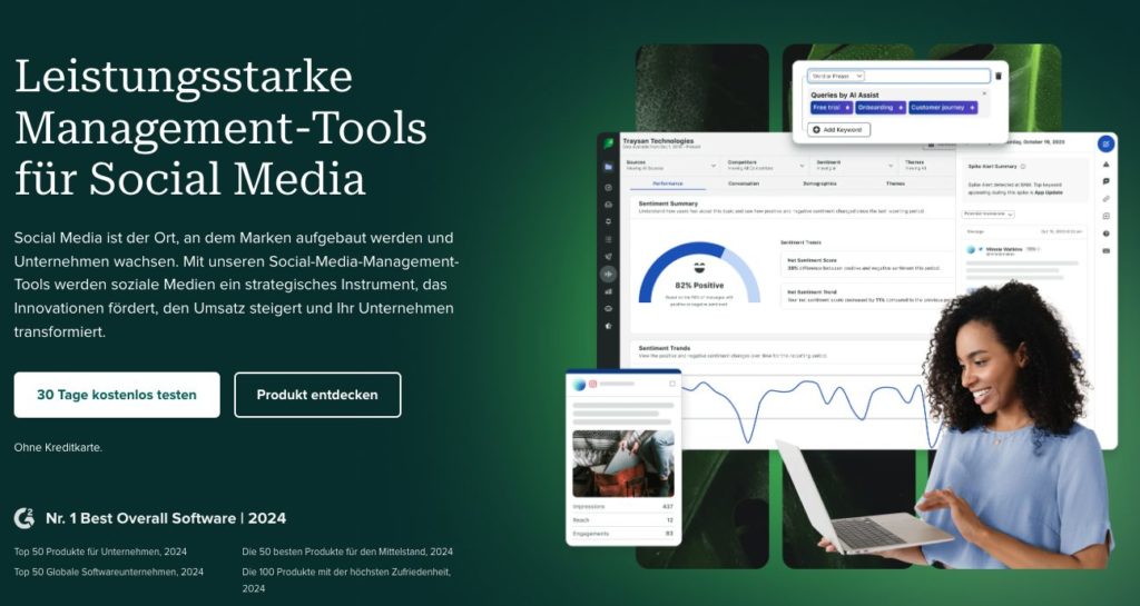 Headerbereich der Firma Sproutsocial, der zeigt, wie Conversion-Copywriting für Unternehmenswebsites geht