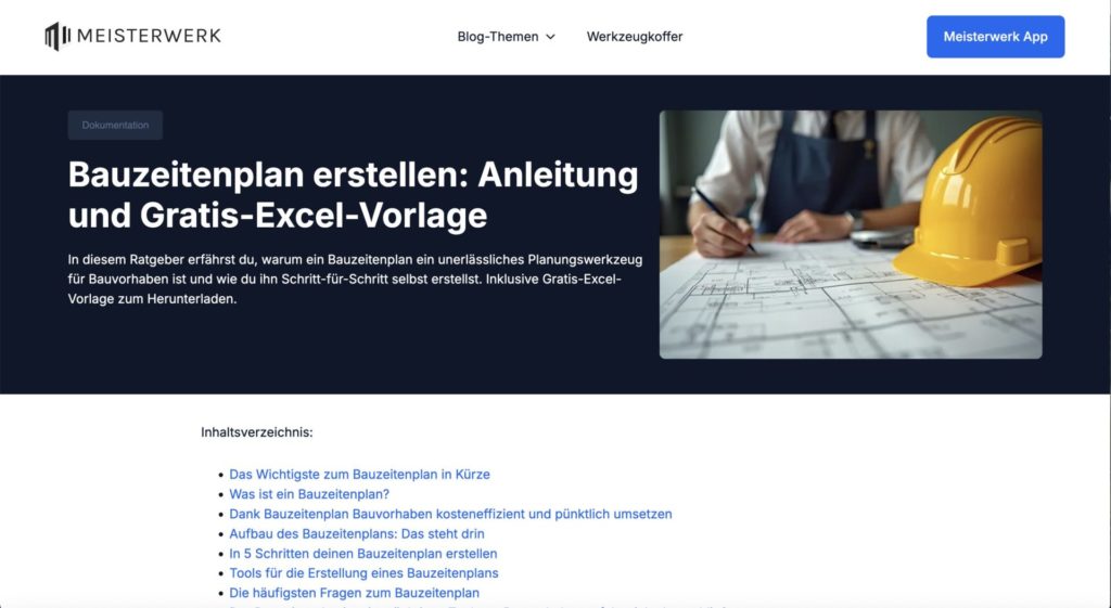 Ausschnitt Blogartikel zum Thema "Bauzeitenplan erstellen" im Business-Blog der Meisterwerk App GmbH