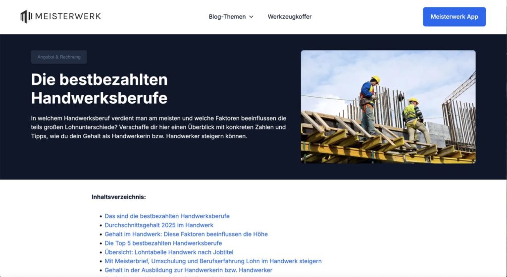 Ausschnitt Blogartikel zum Thema "Bestbezahlte Handwerker", Autorin Suzana Jordanovic, für die Meisterwerk App GmbH