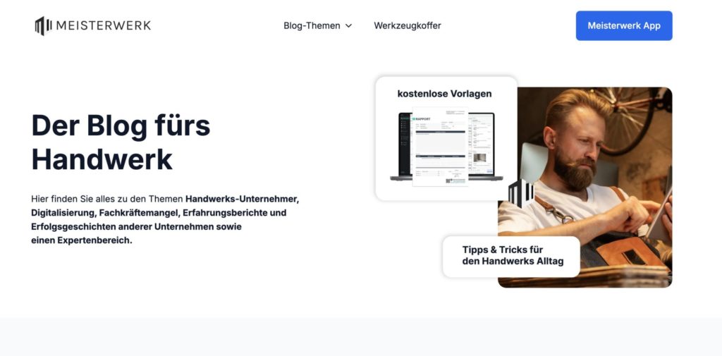 Screenshot der Blogübersicht der Meisterwerk App GmbH mit veröffentlichten Fachartikeln.