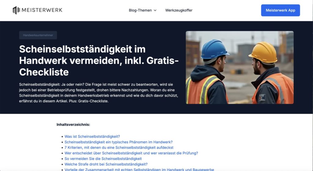 Ausschnitt aus dem Artikel "Scheinselbstständigkeit im Handwerk erkennen" von Suzana Jordanovic für die Meisterwerk App GmbH