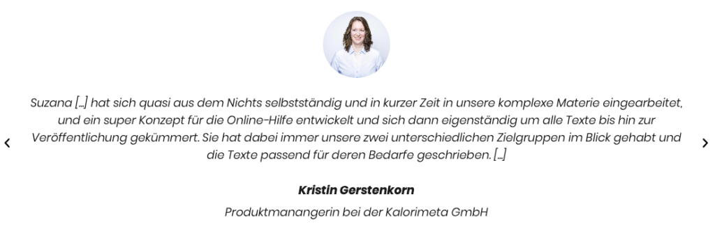 Beispiel für ein Social-Proof-Element "Kundenzitat" als Hebel für Vertrauensaufbau auf einer B2B-Startseite für den B2B-Service von textstrategin.de