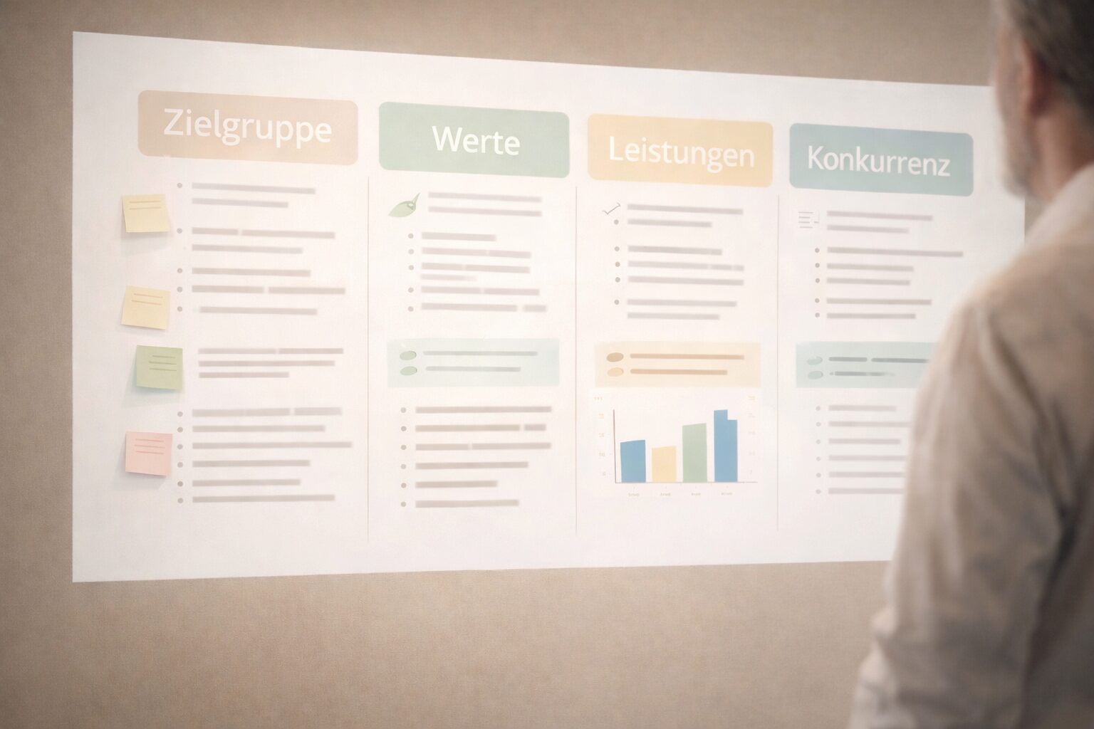 Strategie-Workshop mit Übersicht zu Zielgruppe, Werten, Leistungen und Konkurrenz als Grundlage für eine wasserfeste Website-Strategie