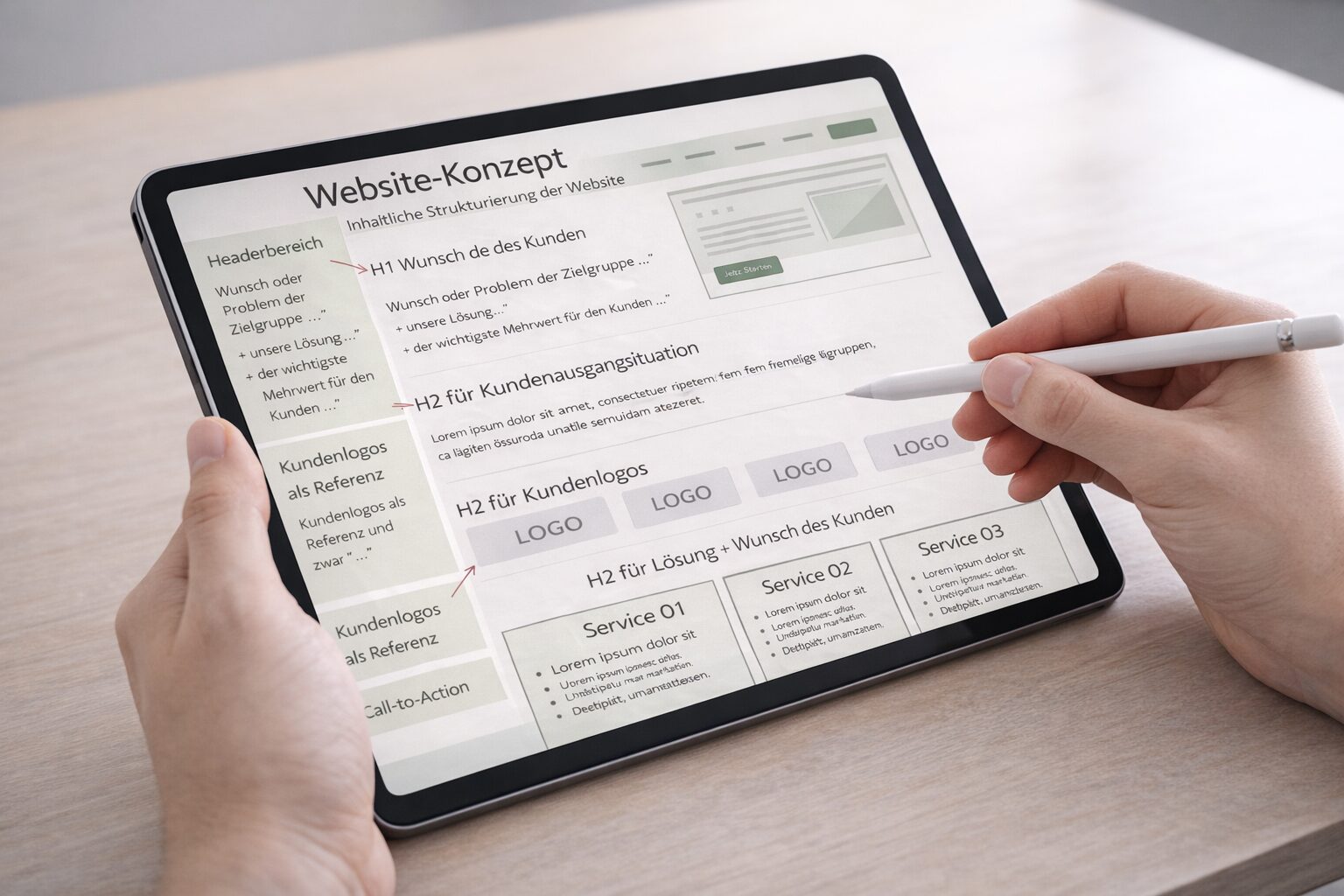 Website-Konzept mit inhaltlicher Struktur einer Seite, dargestellt auf Tablet mit Header, Problembeschreibung, Lösung und Call-to-Action