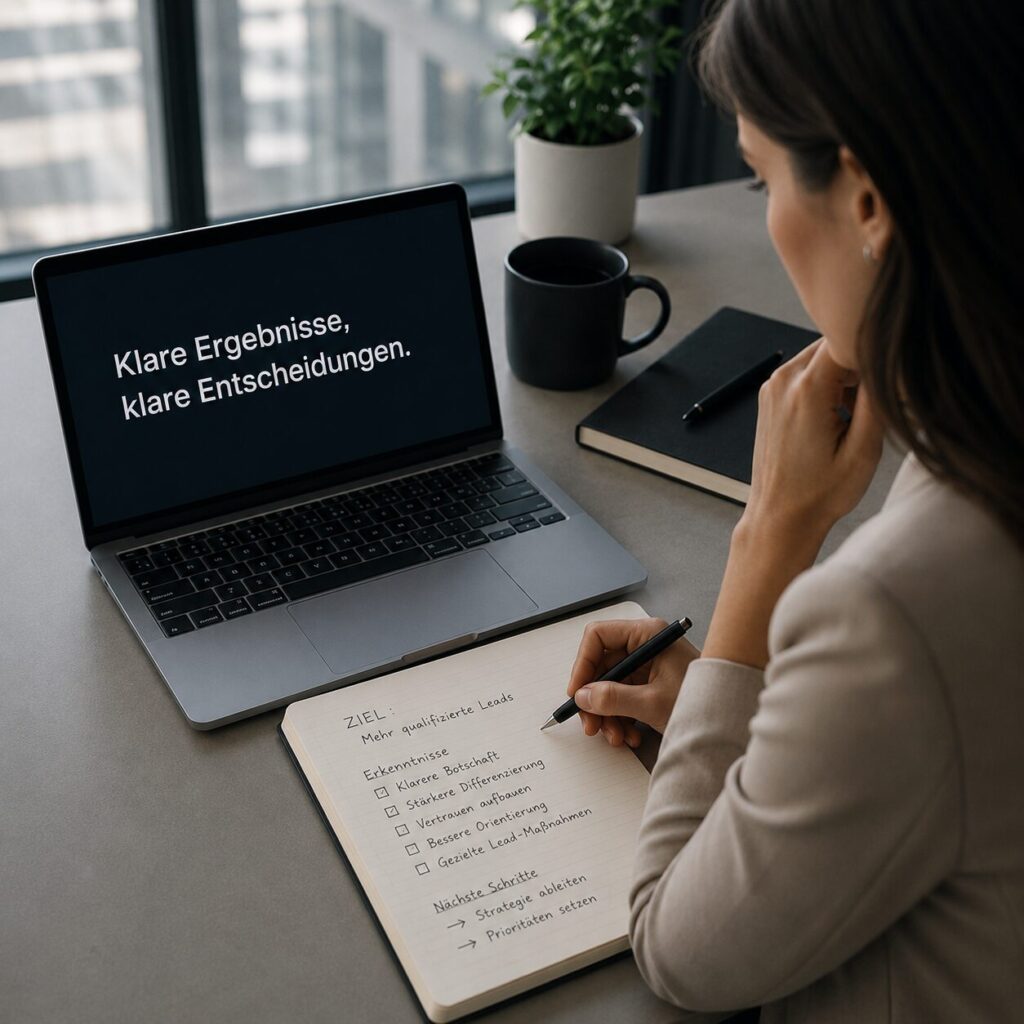 Frau im Schreib- und Arbeitsprozess vor einem Notizblock und einem Laptop zur Analyse einer Startseite und Entwicklung konkreter Optimierungsvorschläge