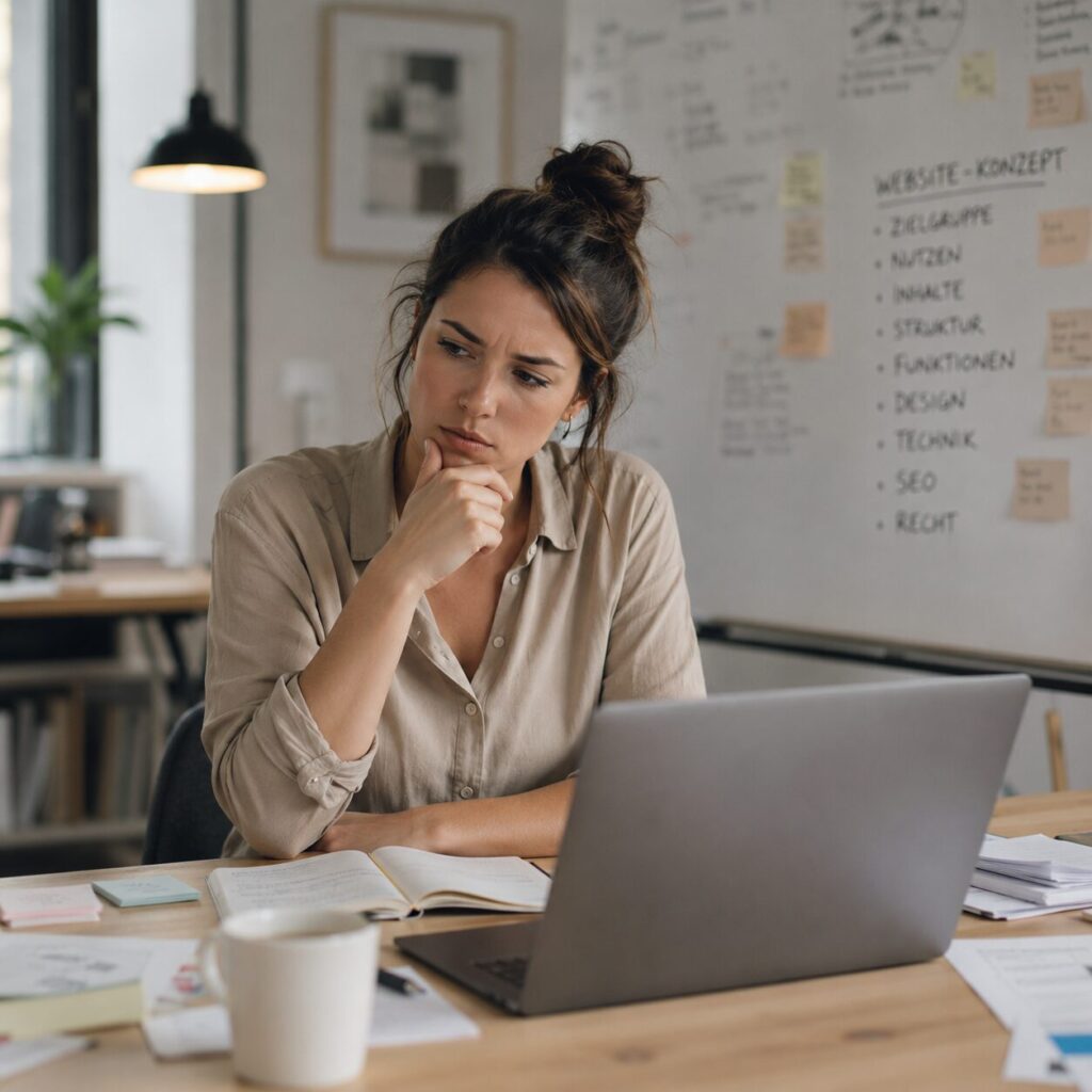 Nachdenkliche Frau vor Laptop und Whiteboard mit strategischen Notizen zur Website-Konzeption – Sinnbild für die Herausforderung, Analysen und Planung in einen konkreten Website-Aufbau zu übersetzen.