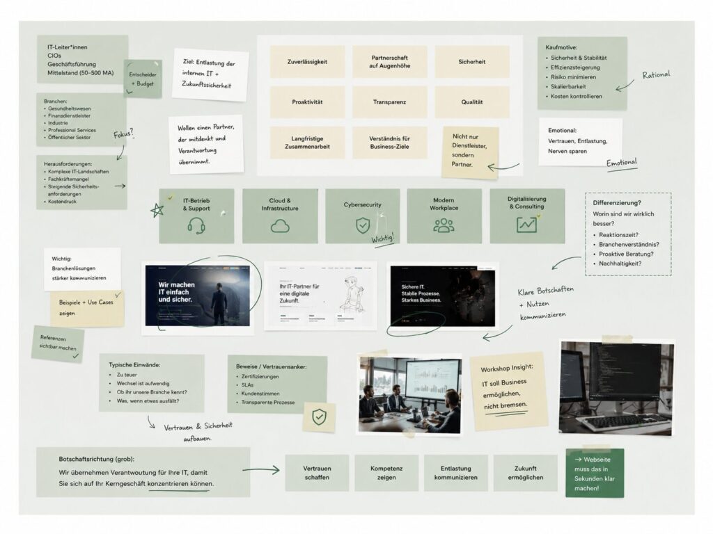 Visualisierte Business-Analyse mit Zielgruppe, Kaufmotiven, Nutzenargumenten und Positionierung als Grundlage für ein Website-Konzept.