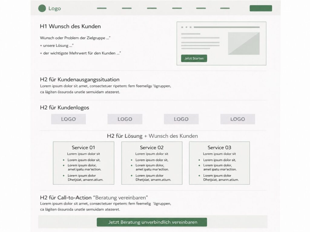 Visualisierung eines Website-Konzeptes mit Seitenstruktur, Inhaltsbereichen und Call-to-Action für eine B2B-Website.