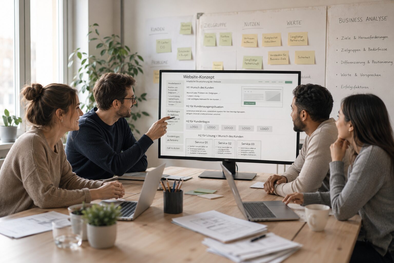Team entwickelt gemeinsam ein Website-Konzept für eine B2B-Website anhand von Seitenstruktur, Business-Analyse und Inhaltsplanung.