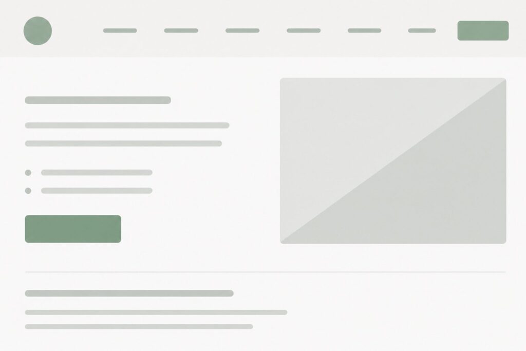 Vereinfachte Darstellung einer Website-Struktur mit grob formatierten Inhaltsbereichen, Bildplatzierung und Call-to-Action zur Planung der Seitenstruktur.