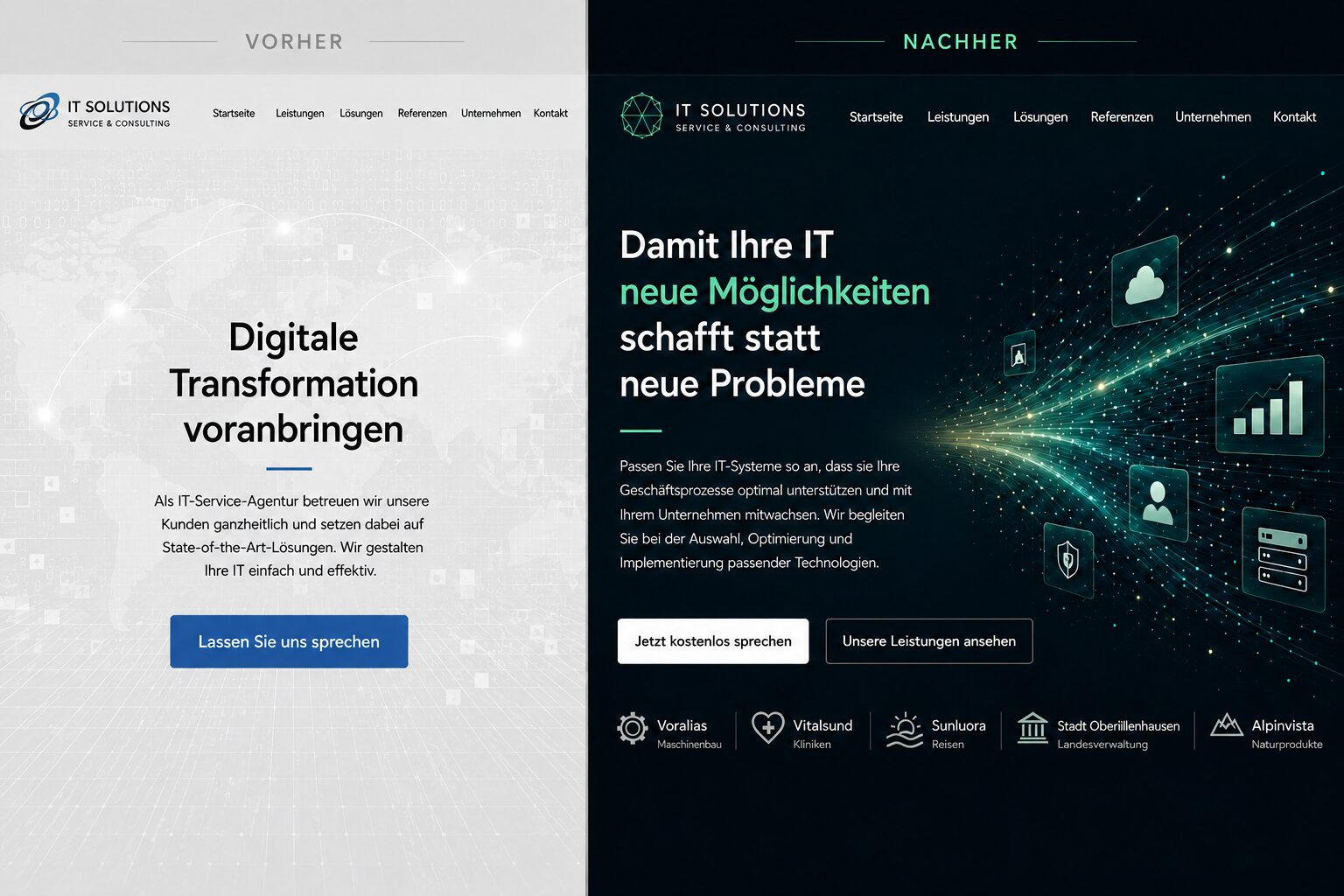 Vorher-Nachher-Beispiel eines Website-Header im IT-Bereich.