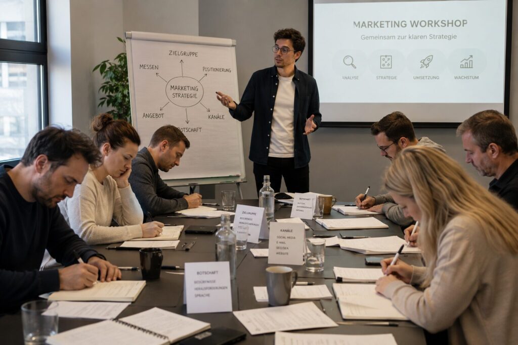 Ein Marketing-Workshop mit mehreren Teilnehmer:innen, die währenddessen mitschreiben, um das Wissen ja für sich zu nutzen