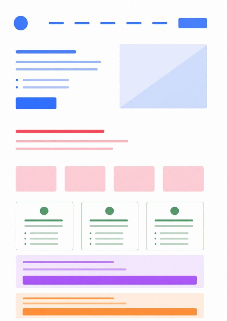 Ein Website-Konzept, das die Sektionen der späteren Website visualisiert, aber auch konkrete Inhalte und einen zuvor festgelegten Seitenaufbau visualisiert.